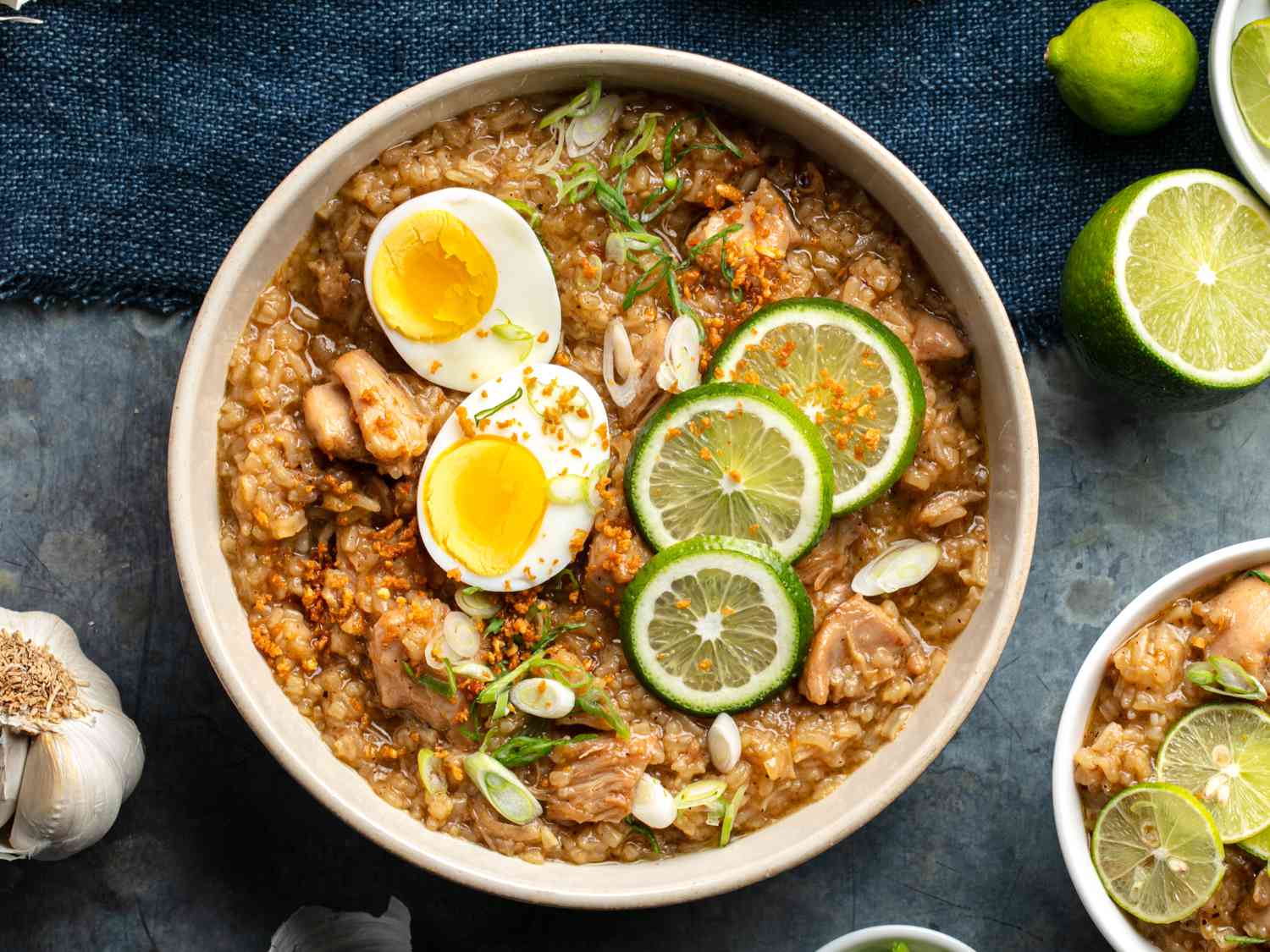 an overhead photo Arroz Caldo (Filipino chicken and rice soup) 