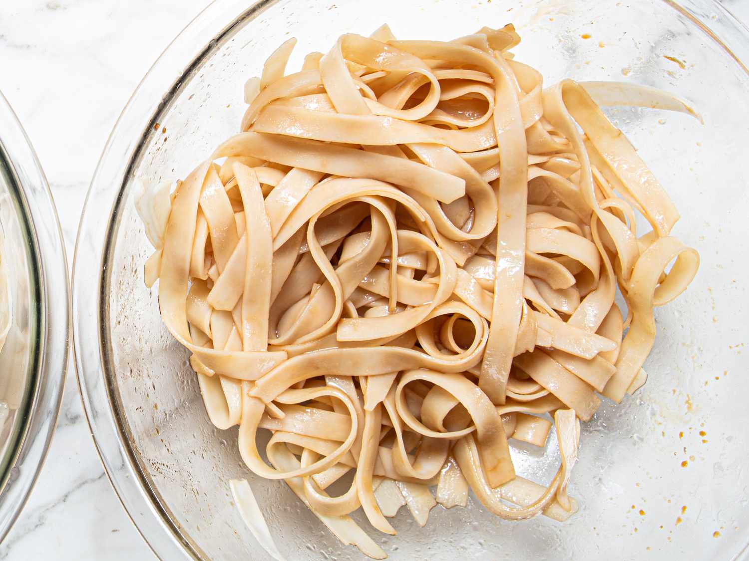 Overhead view dried noodles rehydrated