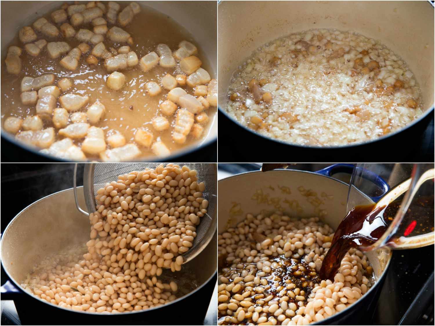 Photo collage showing browning pork, sautéing onions, adding beans, and adding cooking liquid for Boston baked beans.