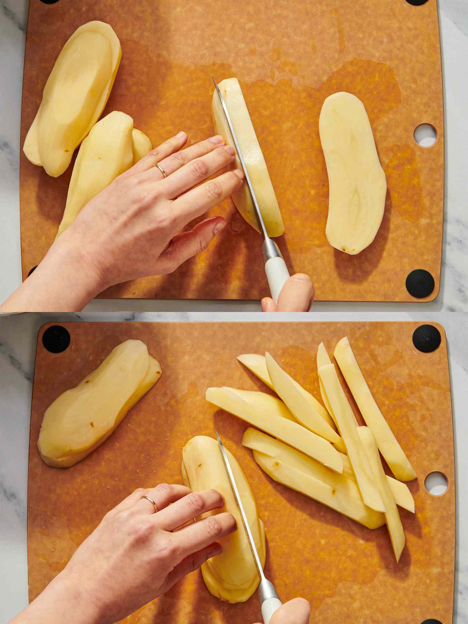Twostep process of slicing potatoes into strips on a cutting board