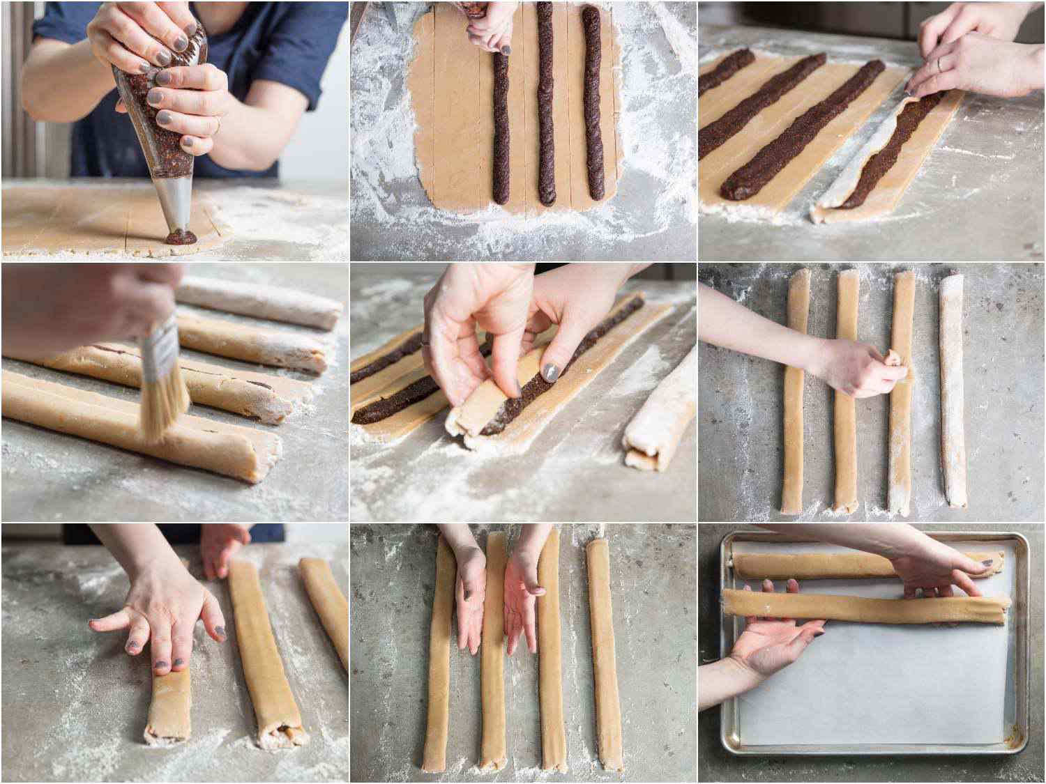 A 9-image collage of piping out the filling onto homemade fig newton dough and placing the filled dough strips on a half sheet pan. 
