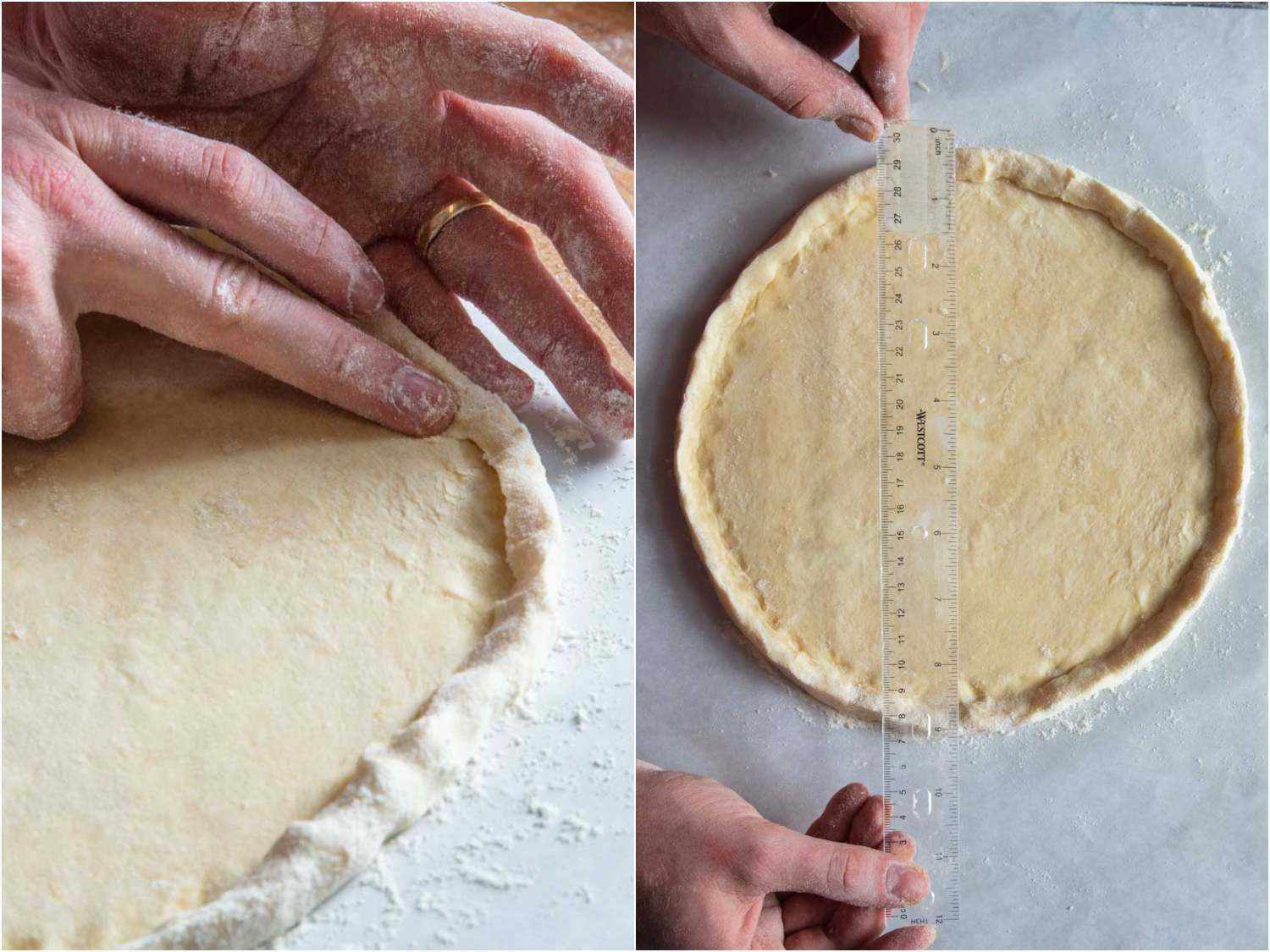 Crimping the pie dough round to make a raised edge, and a 9-inch dough circle.