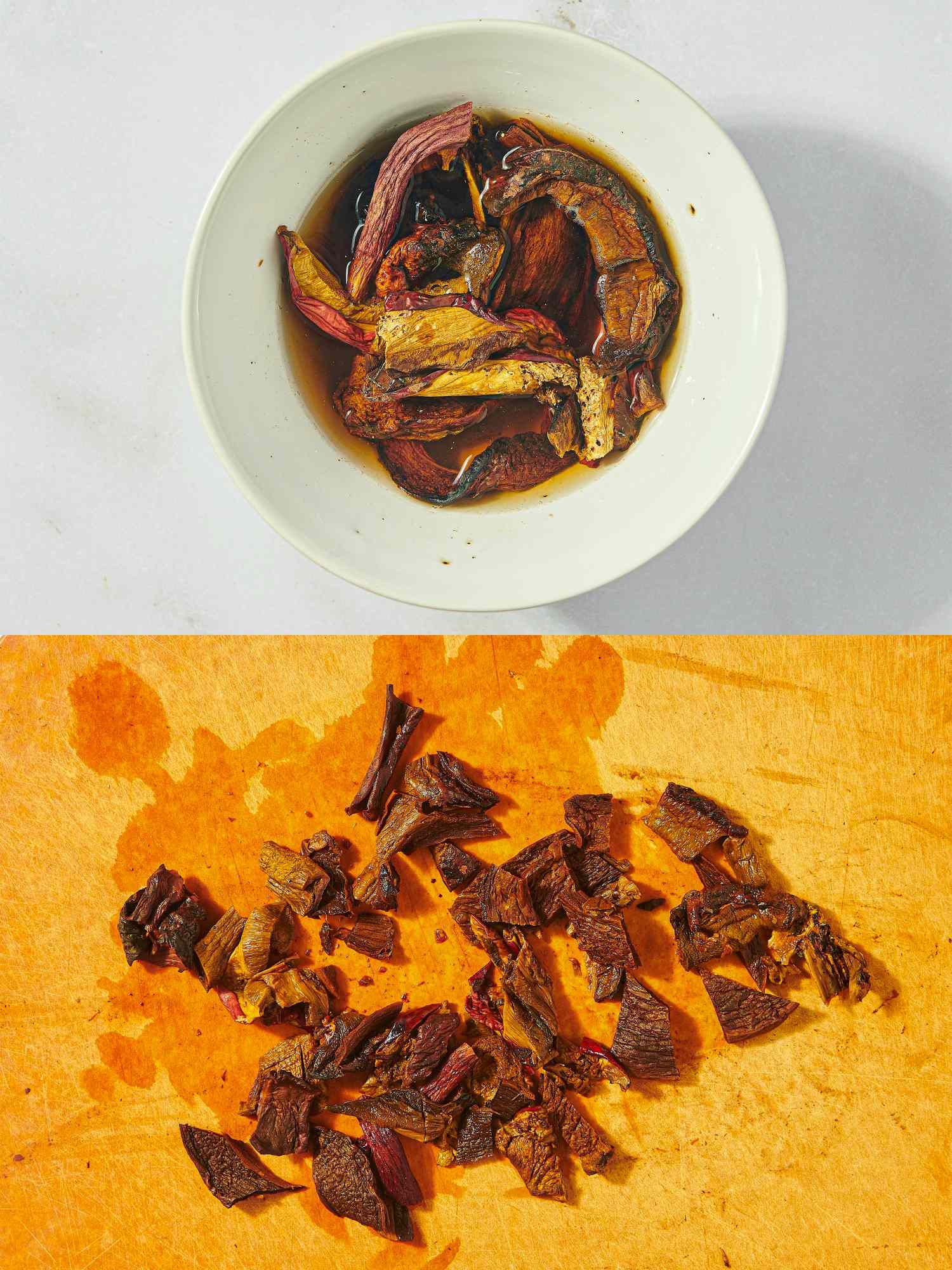 Prepared ingredients for a vegetarian French dip, showing roasted vegetables in broth and diced pieces on a surface