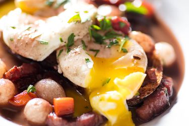 Close-up of yolk running out of poached egg in pool of red wine sauce with carrots, pearl onions, and bacon