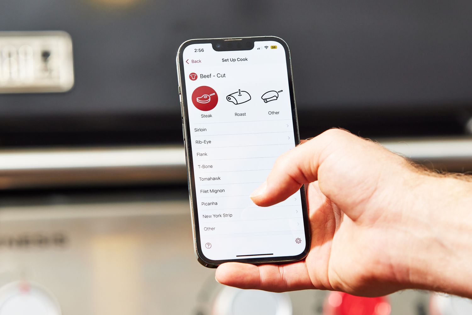 A hand using a phone displaying the Meater Plus Smart Meat Thermometer with Bluetooth app