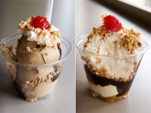 Chocolate and vanilla frozen custard from Scooter's in Chicago, served with whipped cream and chopped peanuts.