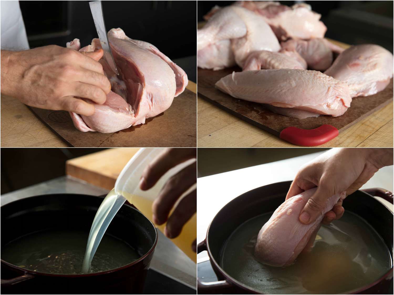 Photo collage of breaking down chicken to add to broth for chicken soup: cutting breasts off whole chicken, chicken broken into parts, adding stock to pot, lowering chicken into stock