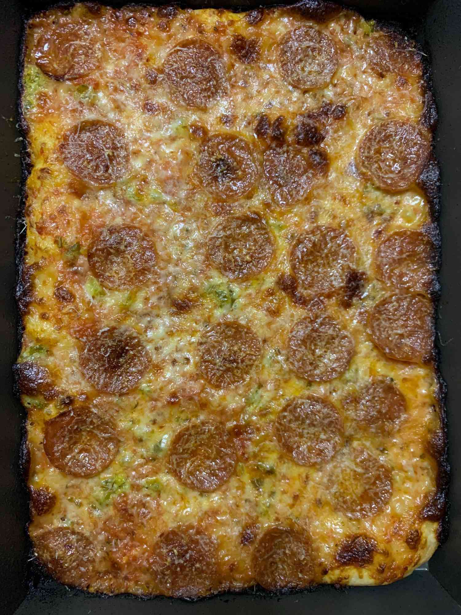 Overhead view of a spicy Sicilian pie