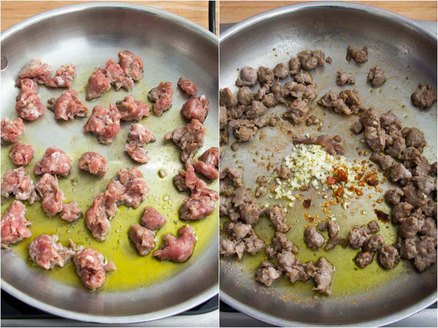Two photos illustrating the beginning and end stages of cooking sausage pieces in a skillet with olive oil and chopped garlic.