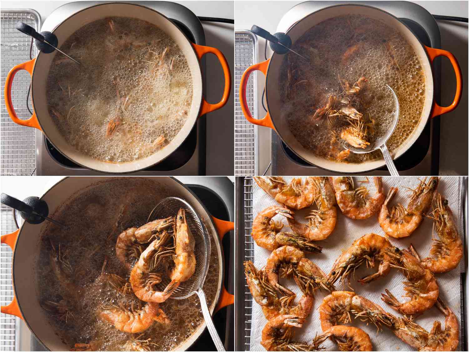 Frying shrimp in a Dutch oven until golden brown.