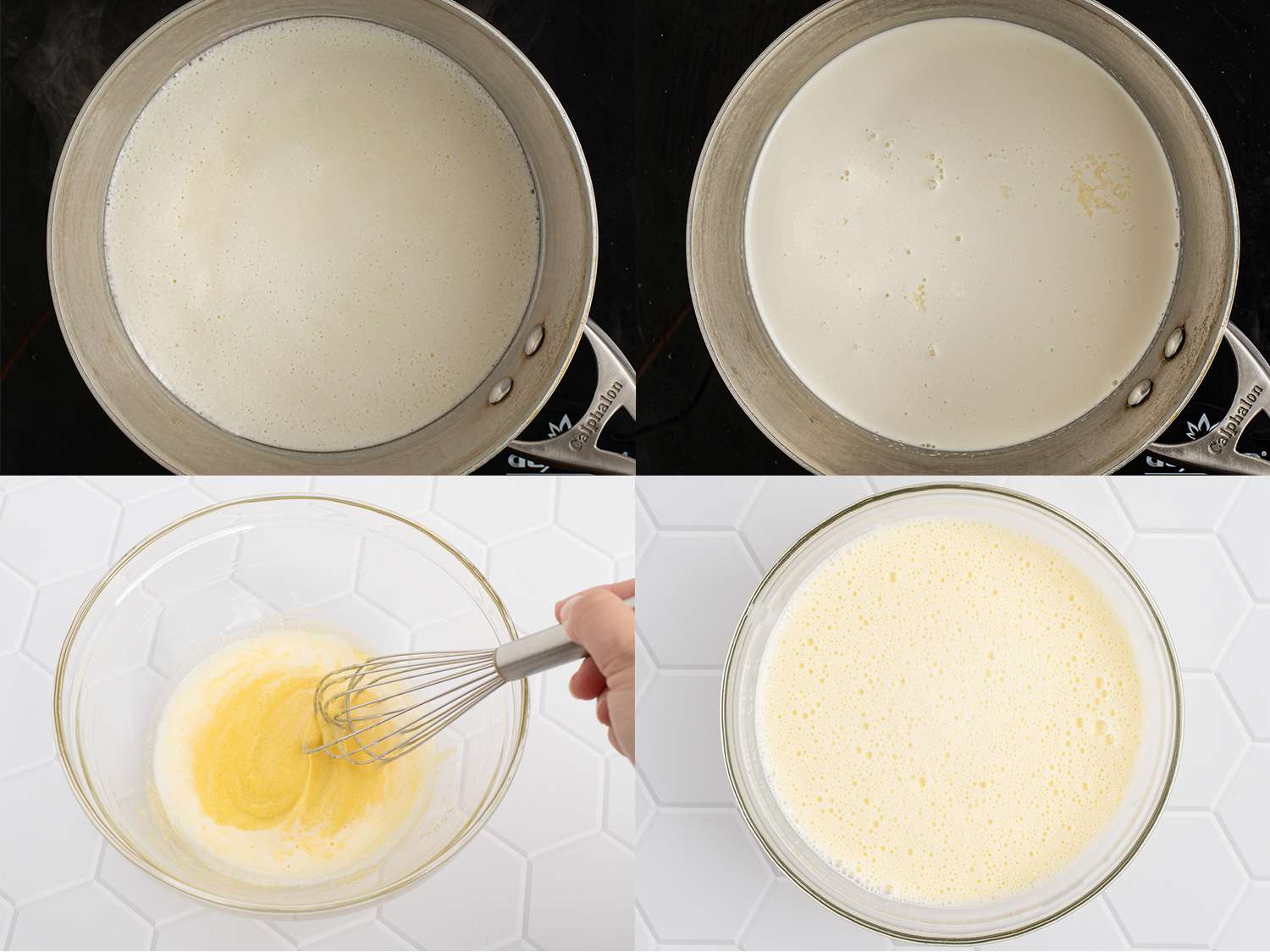 A four-image collage. The top left image shows cream, milk, and remaining sugar inside a medium saucepan over medium-low heat. The top right image shows bubbles beginning to form along the edges of the pan. The bottom left image shows a tablespoon of heated cream mixture added to the eggs while whisking constantly (this helps to temper them, which prevents them from curdling). The bottom right image shows the now fully combined eggs and cream.