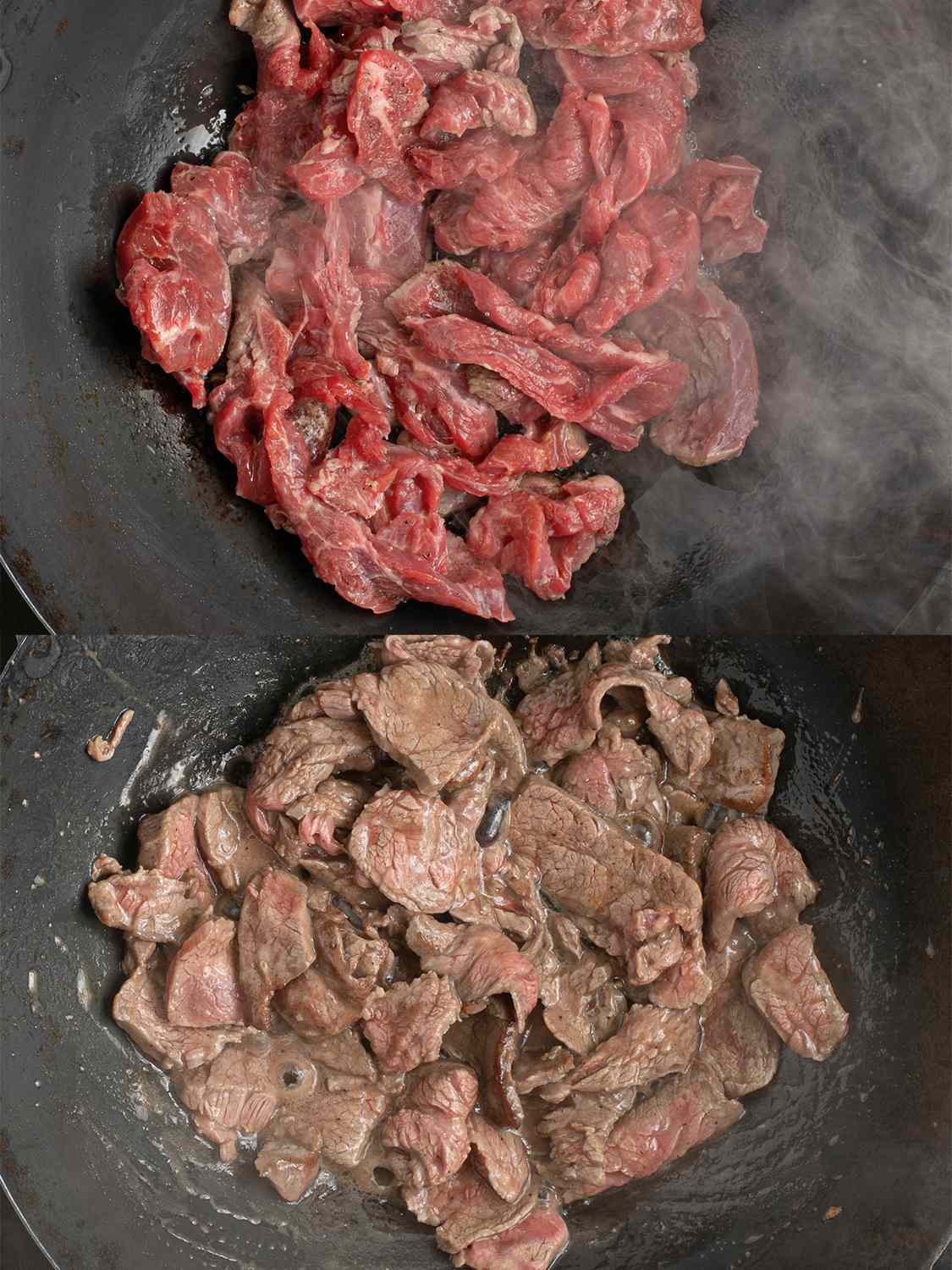 A two-image collage. The top image shows the marinated beef spread out over the oiled, hot carbon steel wok. The bottom image shows the beef almost cooked through inside of the wok.