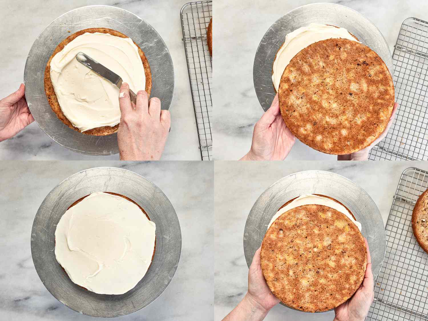 Four image collage of icing cakes