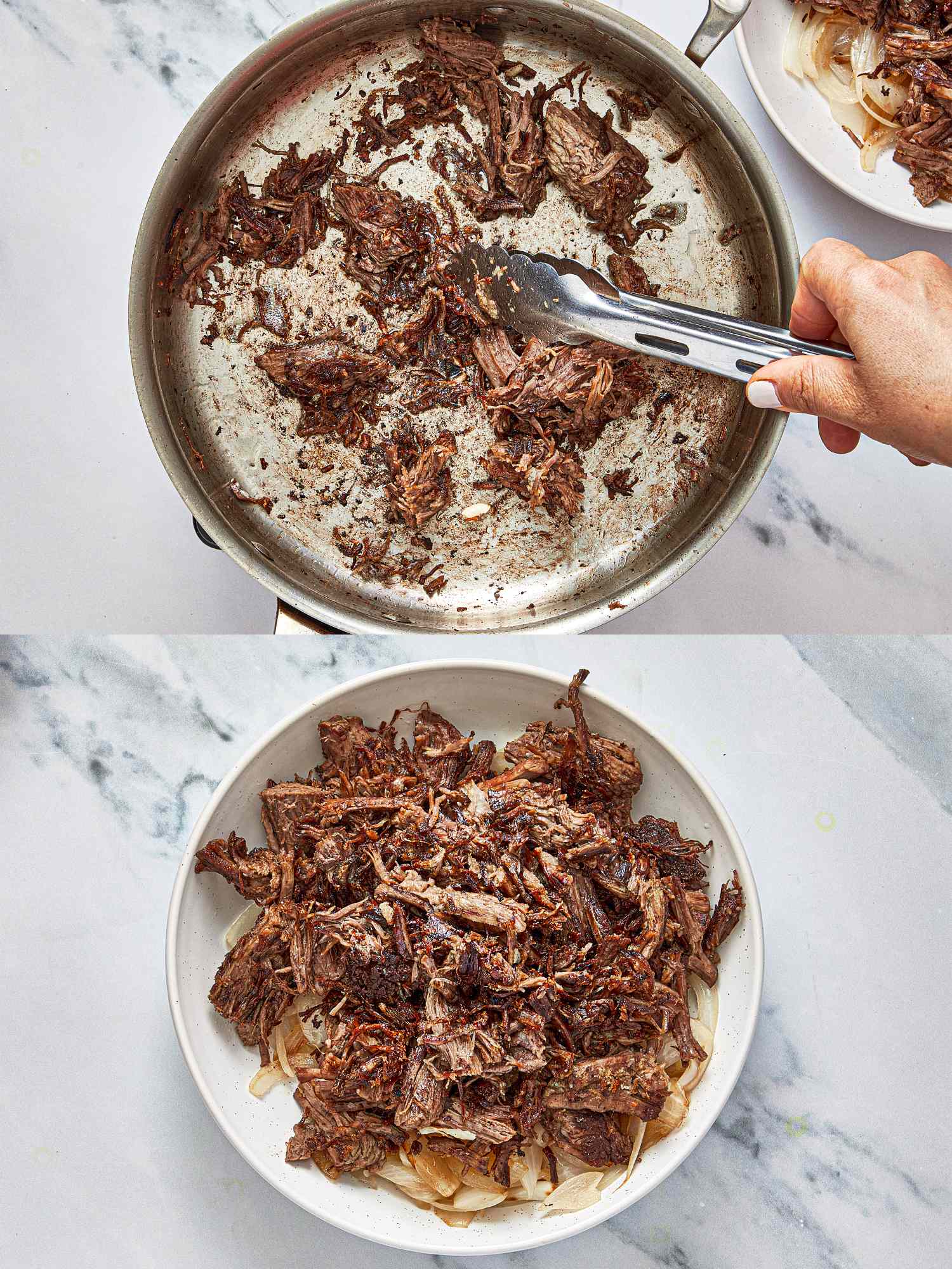 Cooking process and plated dish featuring shredded beef served in a bowl