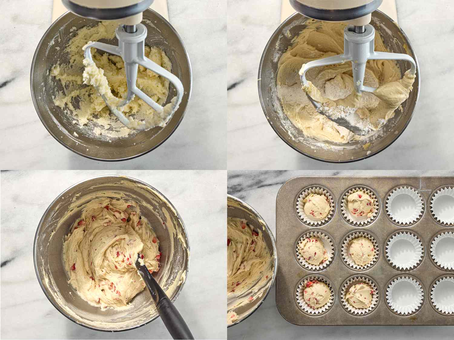 4 image collage. Top left: mixture in stand mixture Top right: adding flour to cake mixture. Bottom right: folding strawberry chunks into dough. Bottom Left: dividing batter into cupcake tray 
