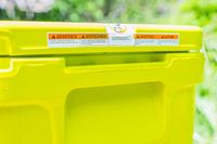 Closeup of the side of the Yeti Roadie 48 Rolling Wheeled Cooler