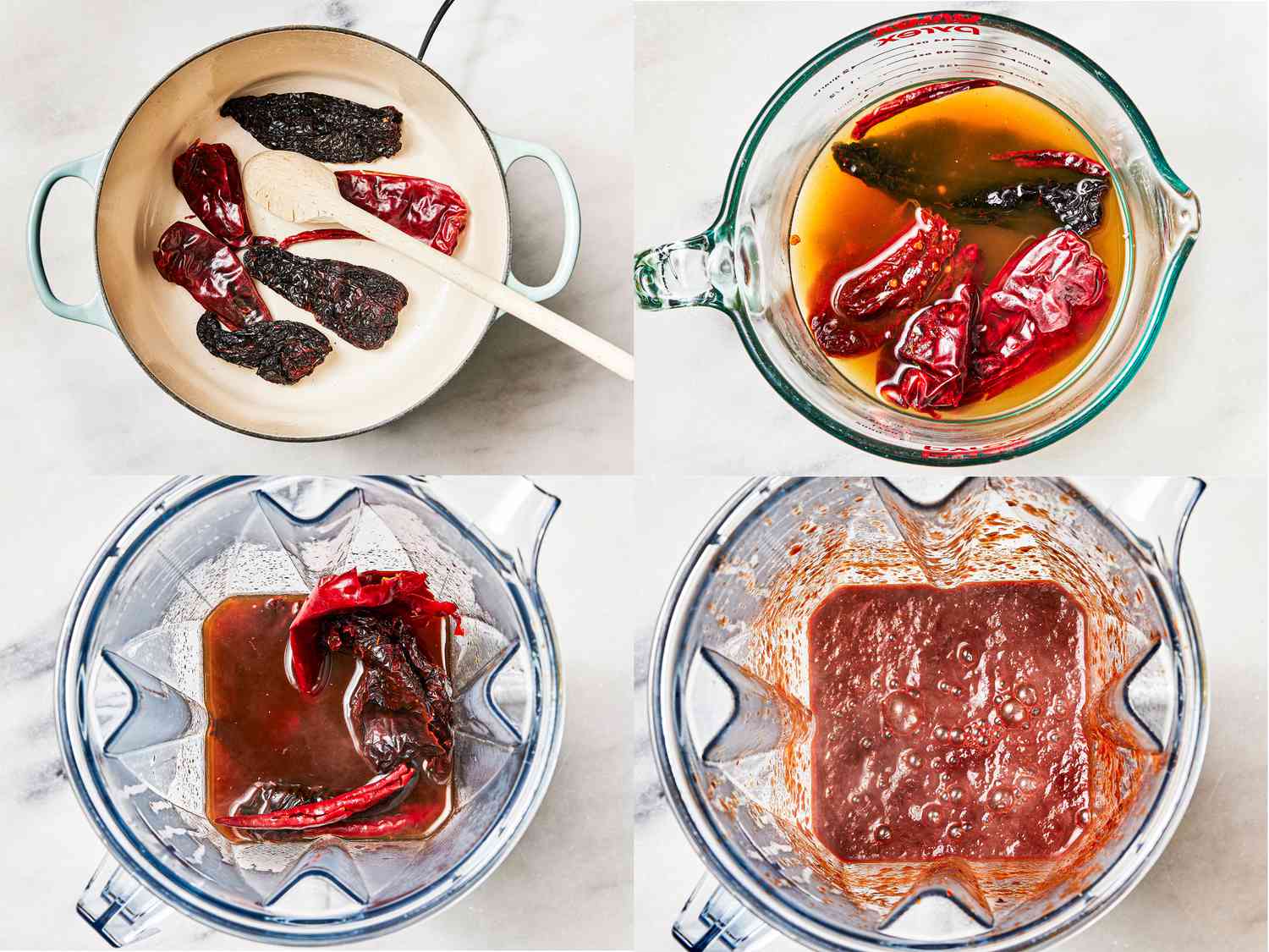 Four image collage of heating chipotle's, mixing with chicken broth, adding to blender, and blended mixture. 