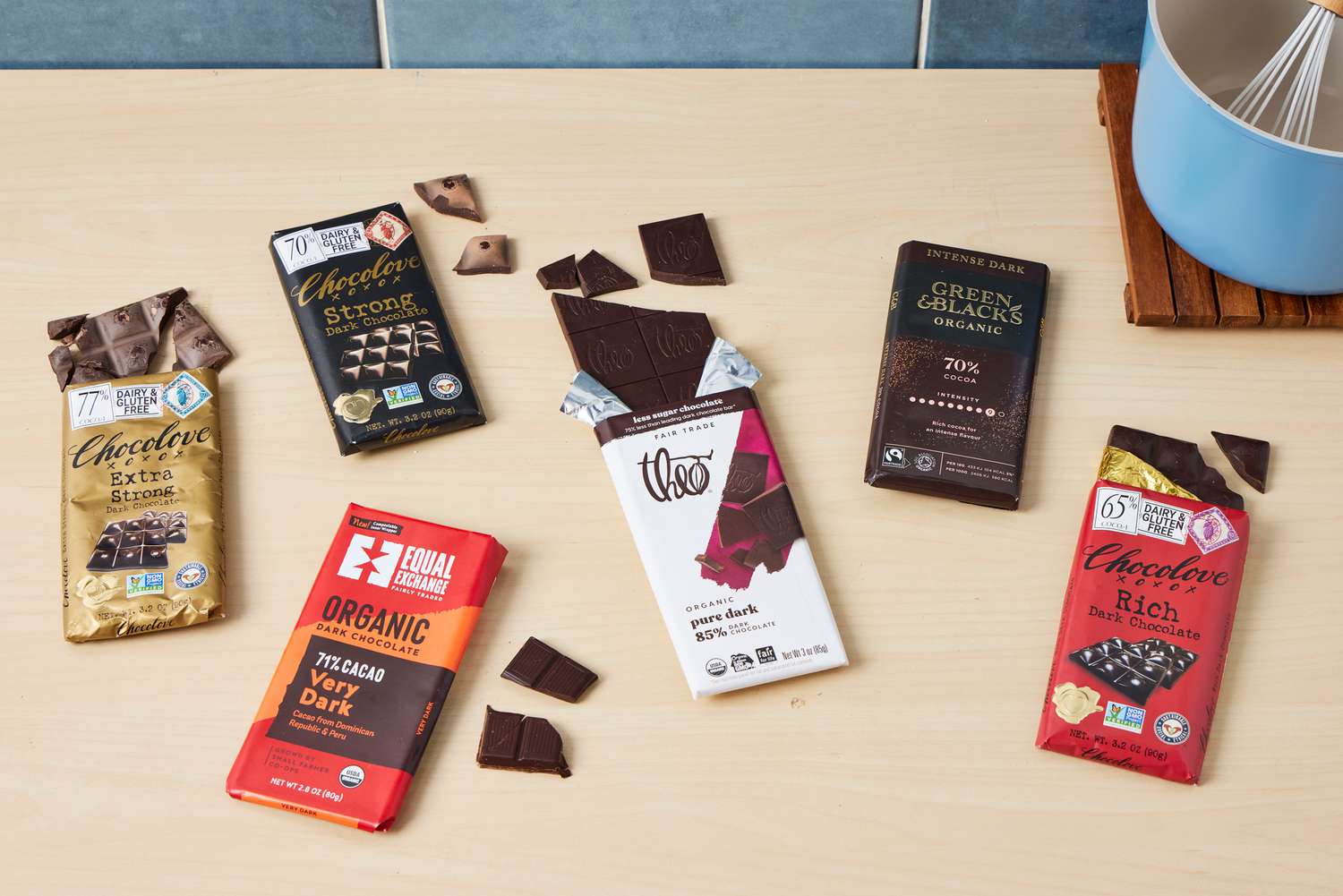 Numerous dark chocolate bars on a kitchen countertop.