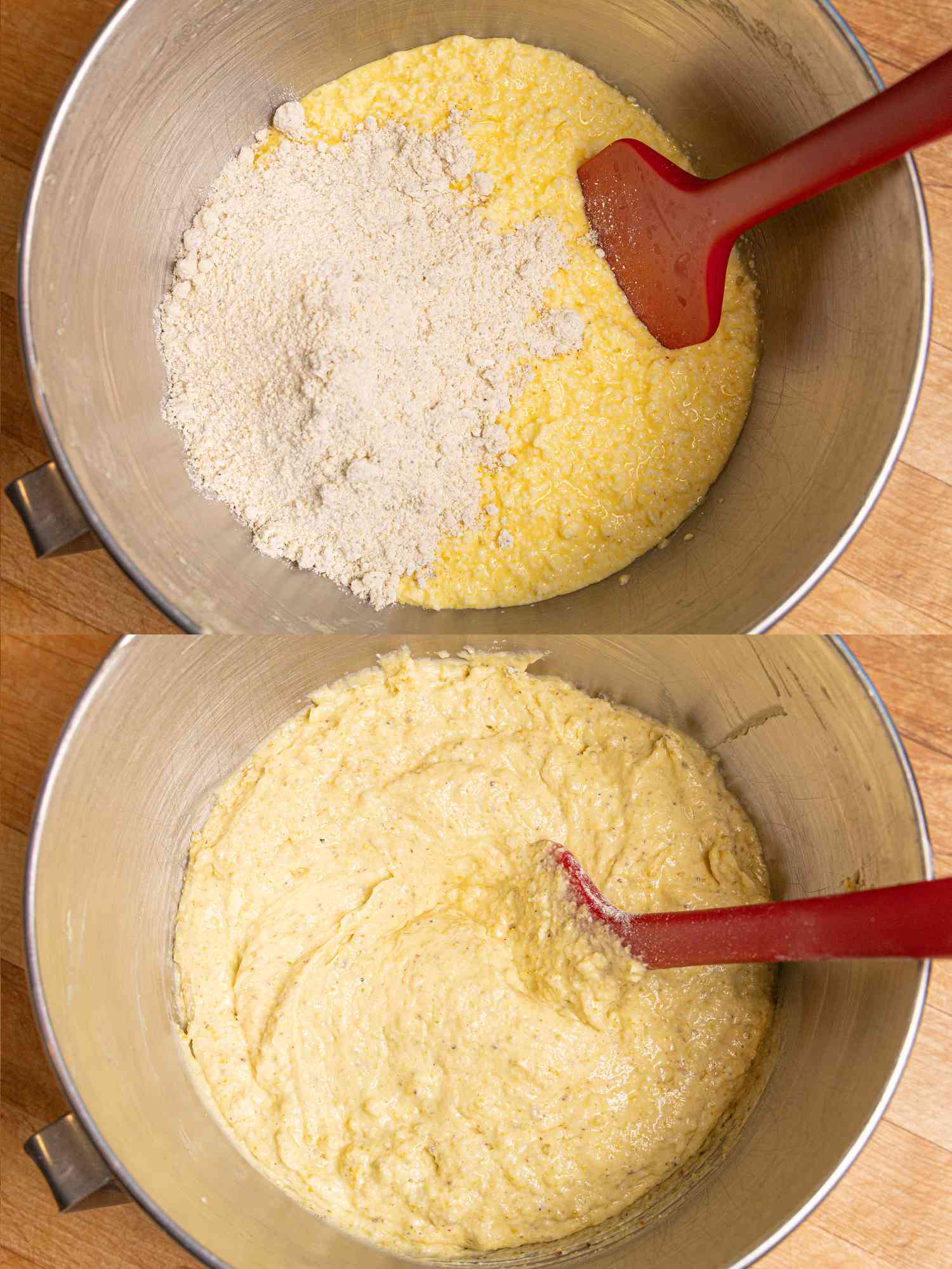 2 image collage. Top: folding dry ingredients into batter in bowl. Bottom: batter after mixed together 