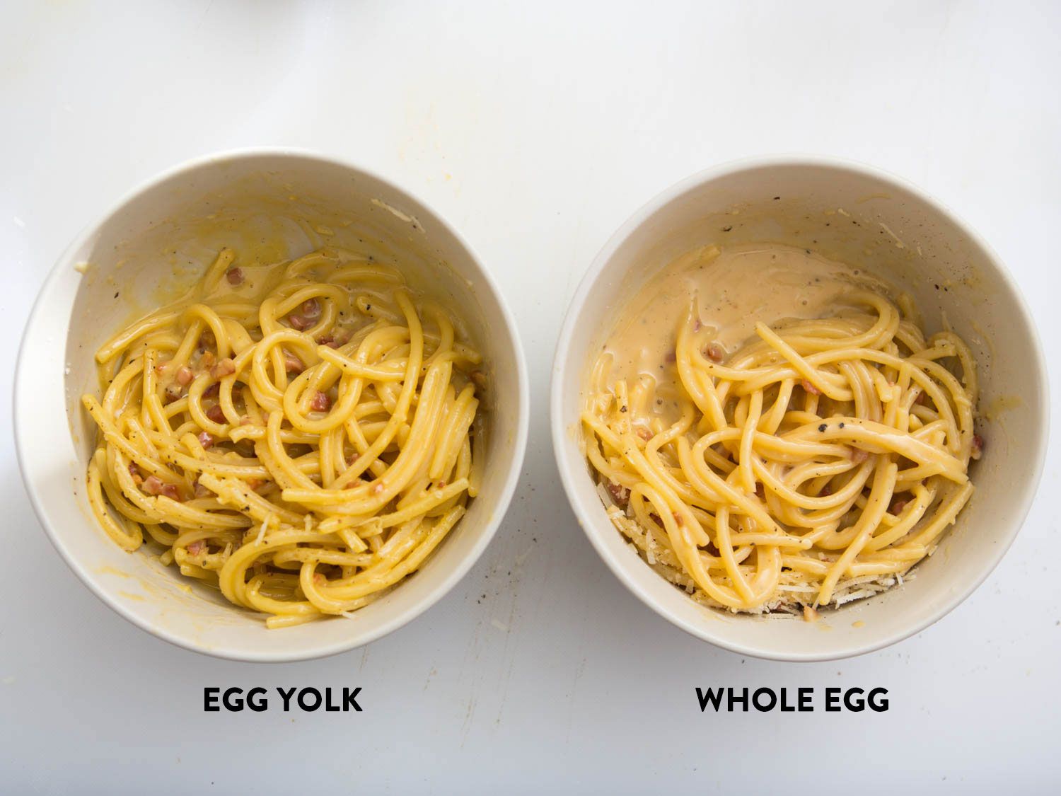Side-by-side photo showing spaghetti carbonara made with yolks and whole eggs.