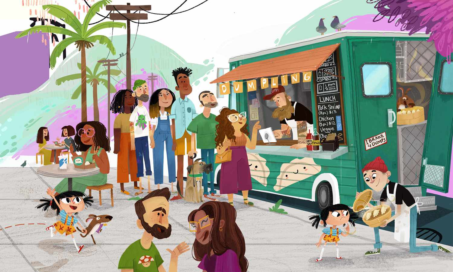 An illustration of a line of diverse adults and children lined up at a dumpling truck.