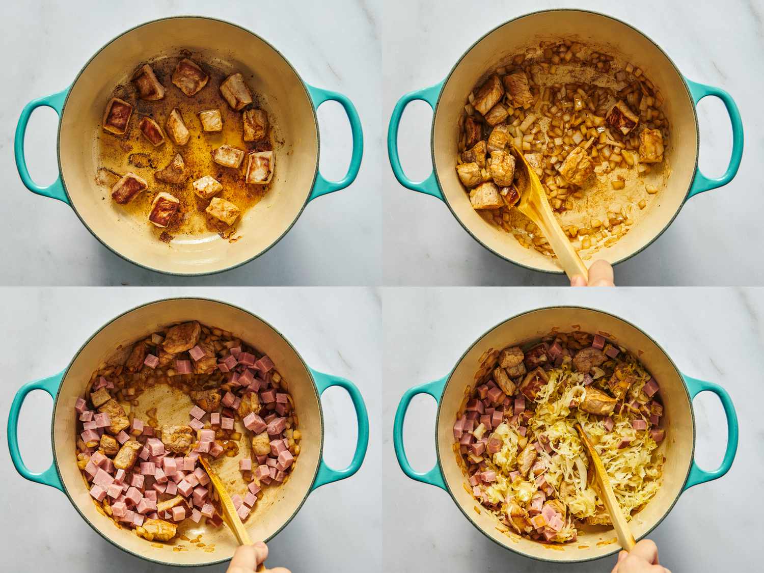 4 image collage. Top left: pork cooking in oven. Top Right: Adding onion to dutch oven. Bottom left: Adding cubed ham into dutch oven. Bottom Right: Adding sauerkraut into dutch oven 