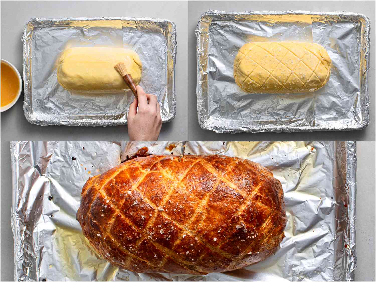 A collage showing the pastry-wrapped beef wellington being washed with egg, sprinkled with salt, and then how it looks after baking and resting.