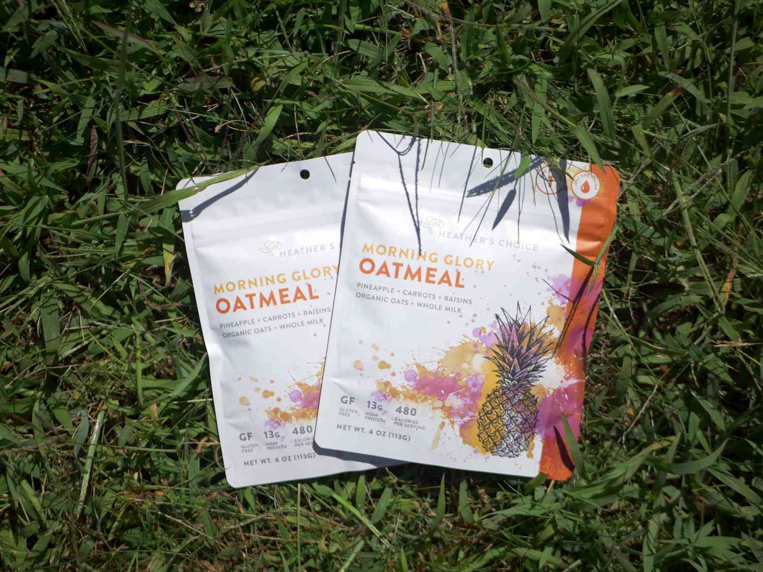 heather's choice morning glory oatmeal packets on grassy lawn