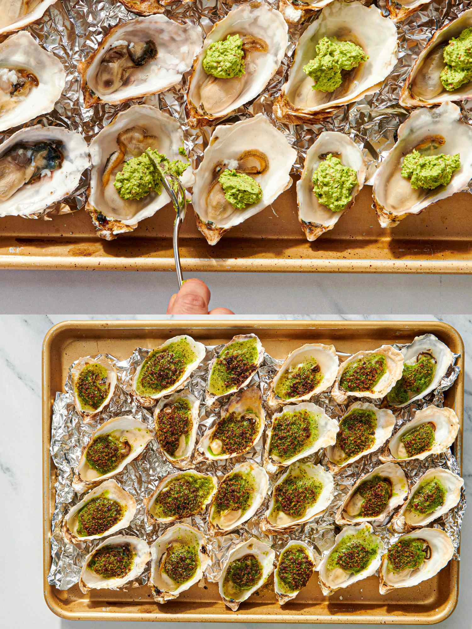Roasted oysters on a baking sheet garnished with a green topping