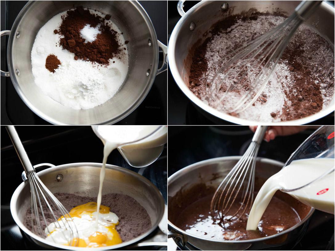 Collage of photos of making chocolate cream filling for pie: dry ingredients in a bowl, whisking dry ingredients, adding egg yolks and milk, adding the rest of the milk