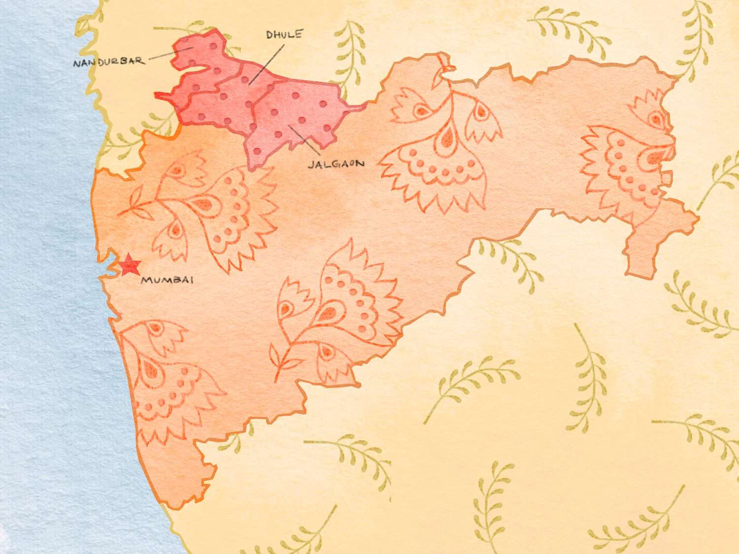 An illustrated map of Maharashtra state in India, indicating the city of Mumbai and districts of Nandurbar, Dhule, and Jalgaon.