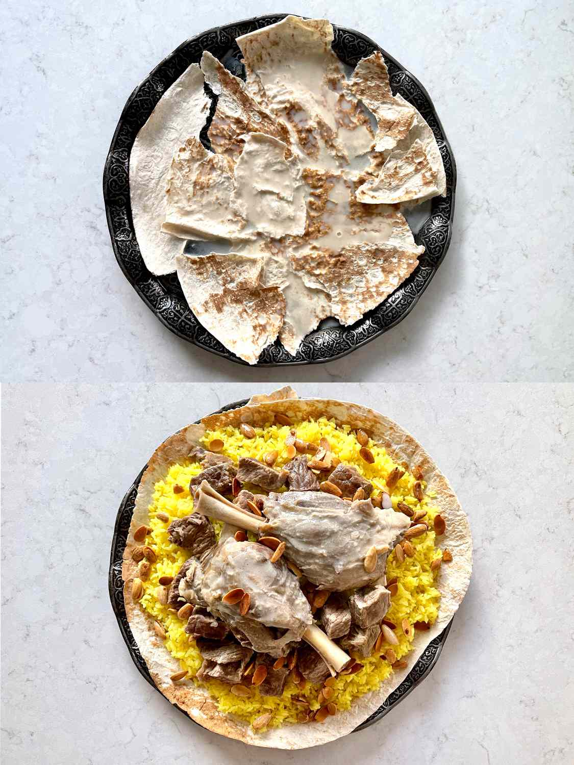 Two image collage of flatbread covered in yogurt then rice and lamb added on top