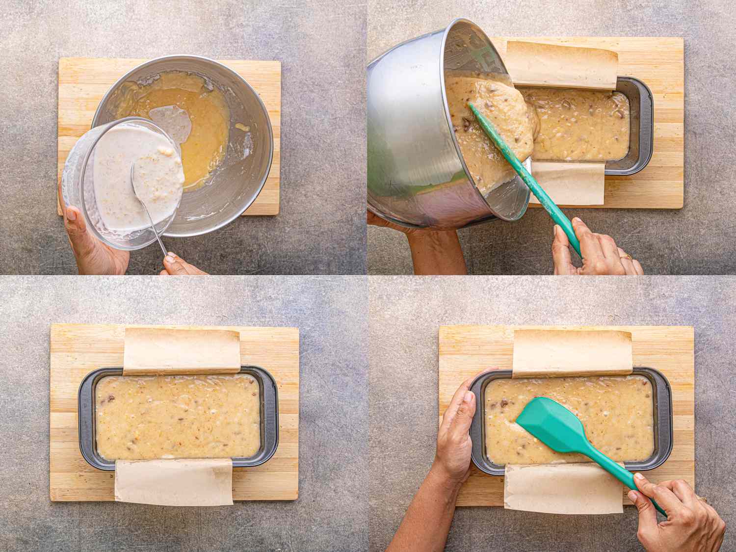 Series of steps for preparing banana coconut cake batter and pouring it into a loaf pan