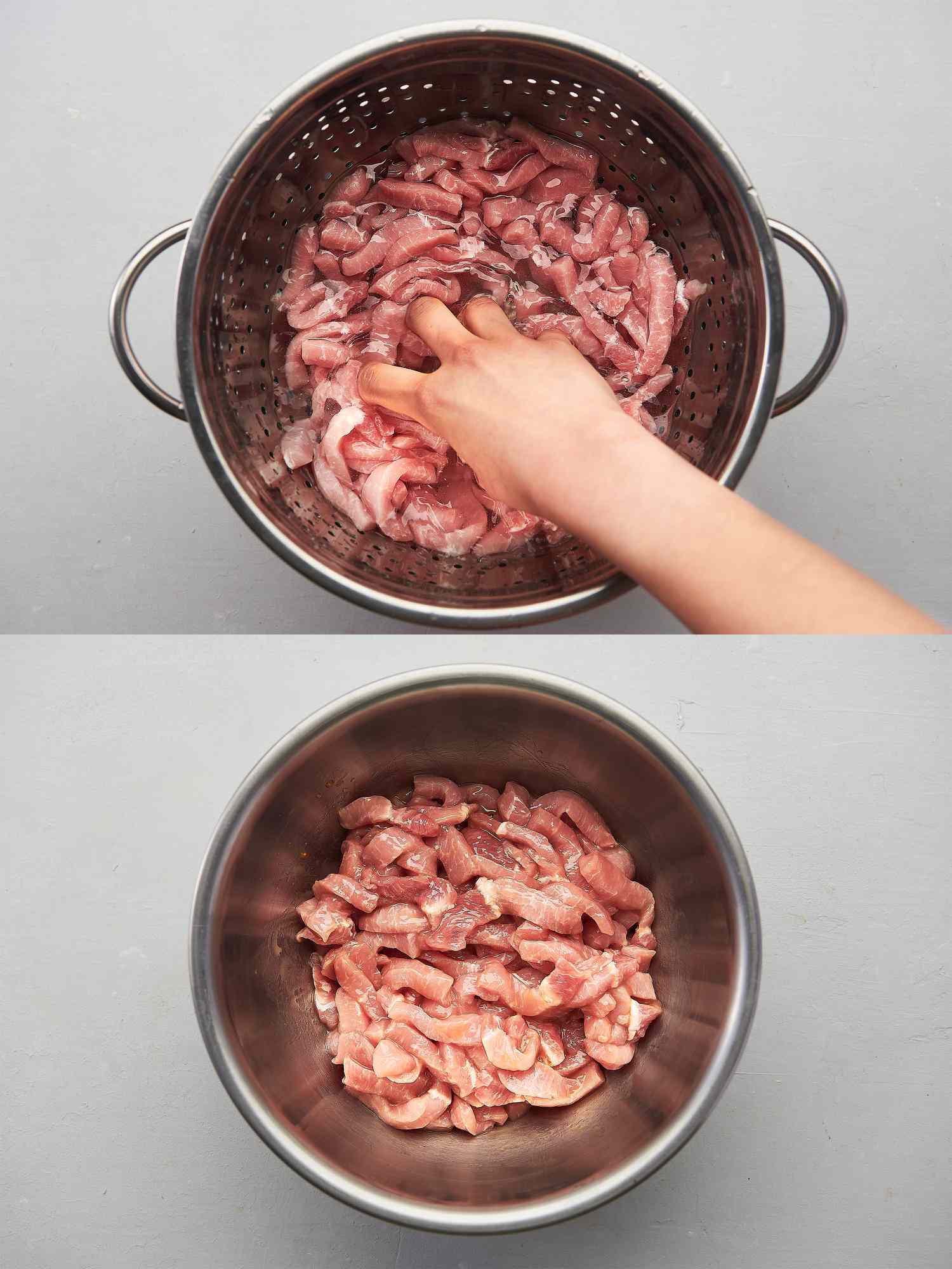 Rinsing pork with cold water inside colander and pork mixed with sauce