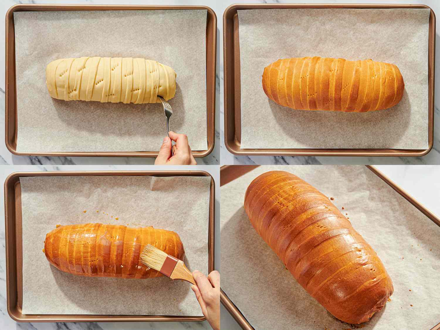 Process of preparing and baking Pan de Jamn shown in four stages on a baking tray