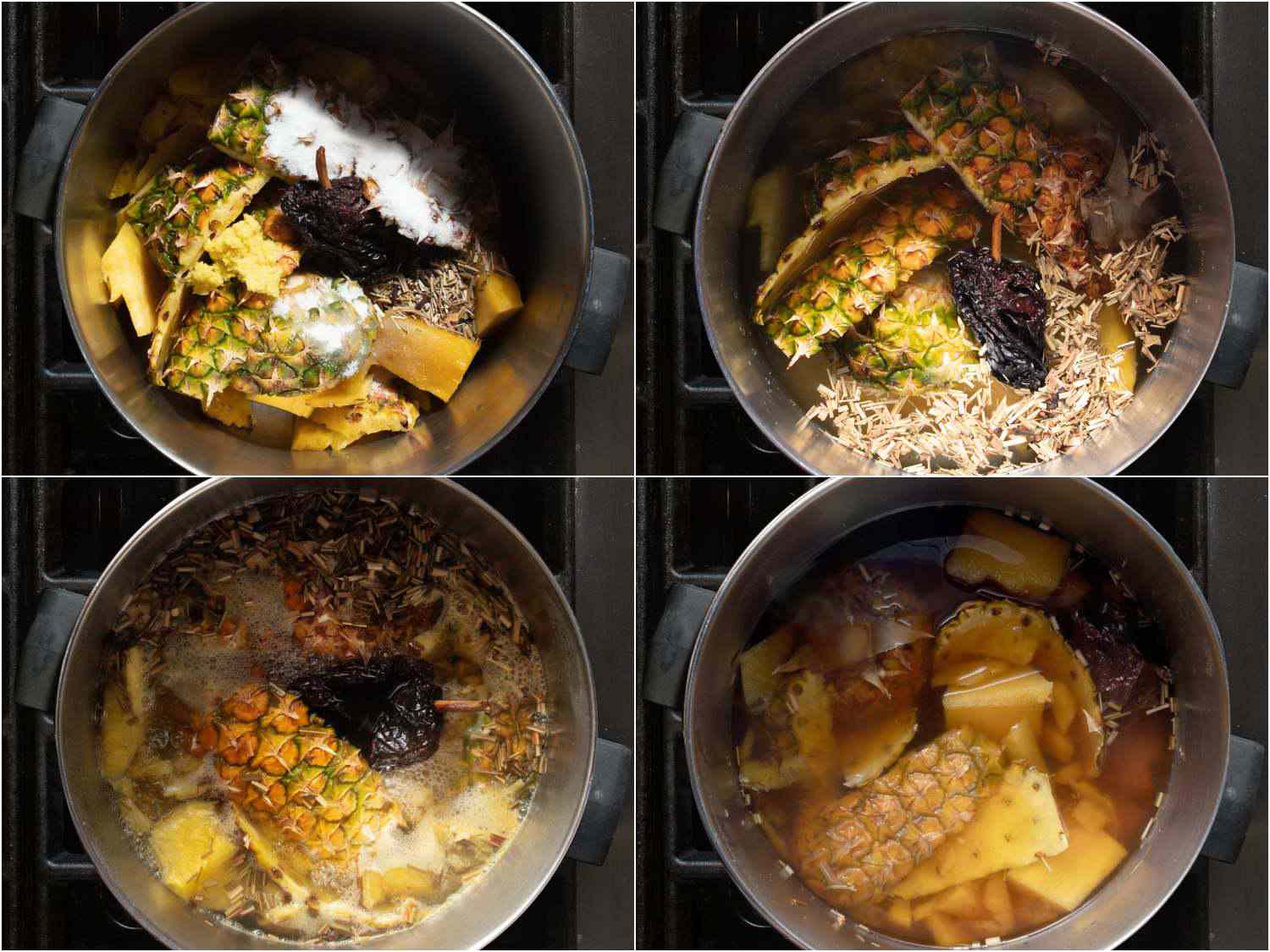 collage: pineapple cores and skins, sugar, ancho chile, and spices in a pot; water added; after coming to a simmer; after cooking 
