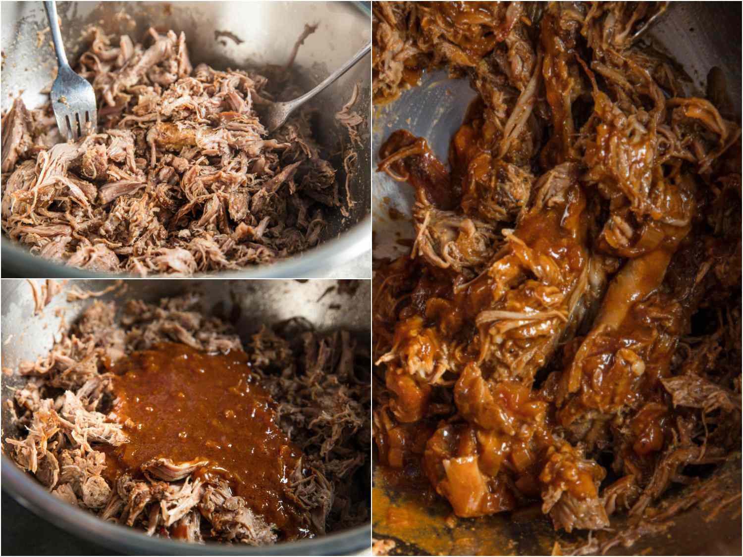Collage of the lamb being shredded and sauced.