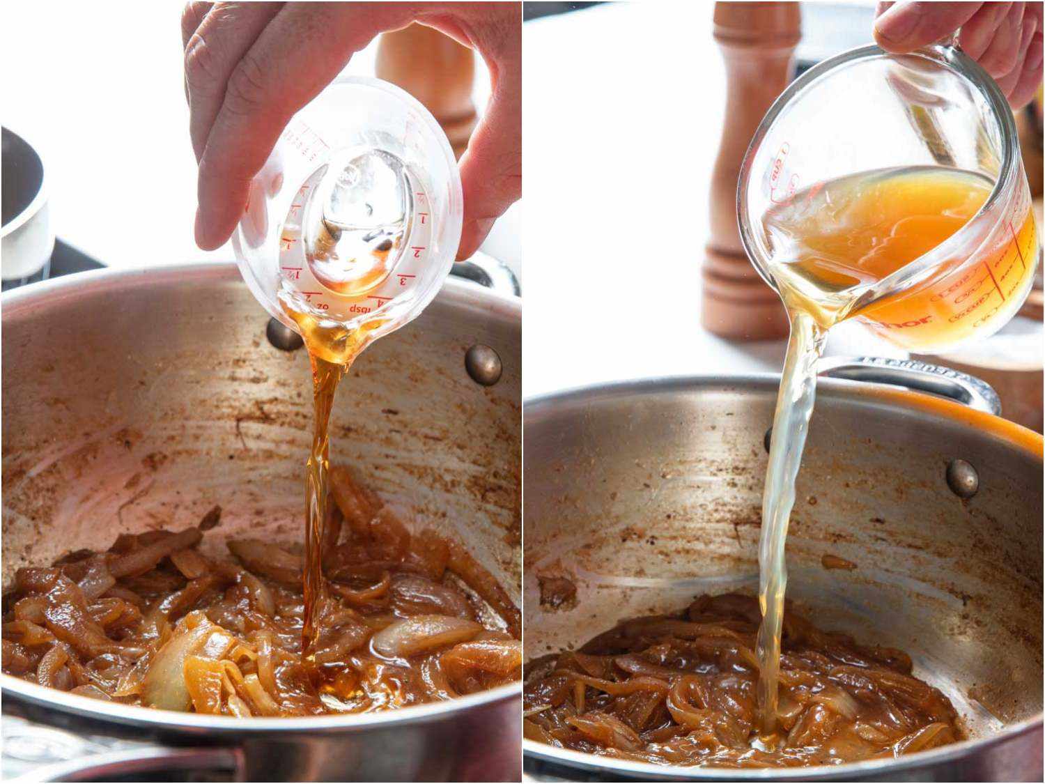 Adding sherry and chicken stock to caramelized onions.