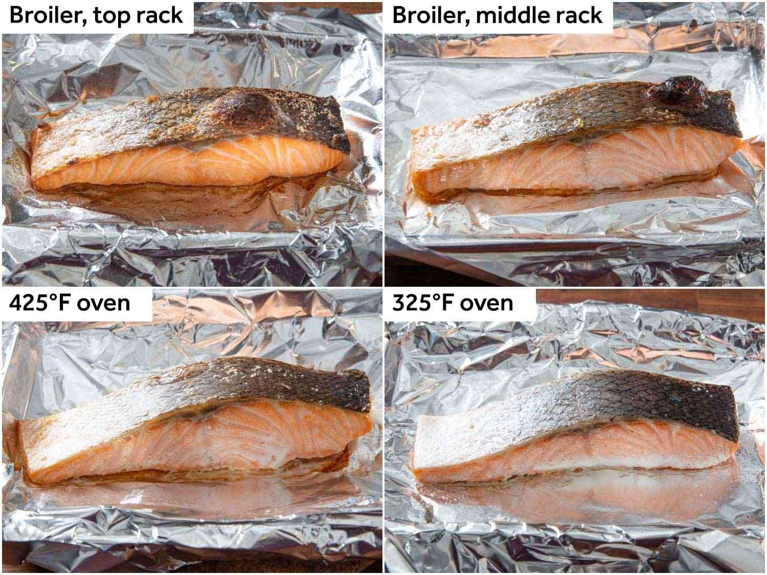 a collage showing salmon cooked at different oven temperatures, with and without the broiler
