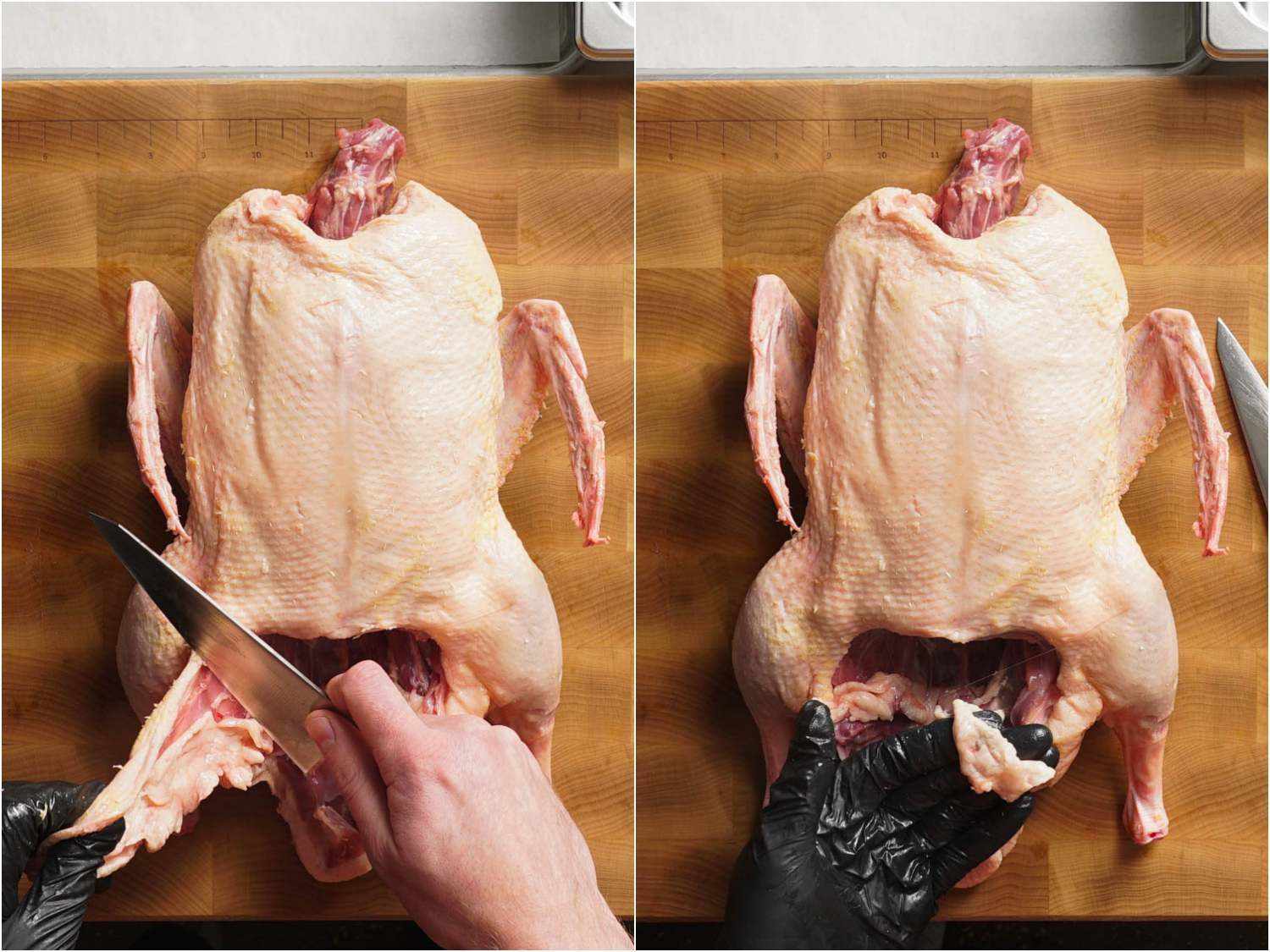 Removing excess fat and skin from the cavity of a whole duck.