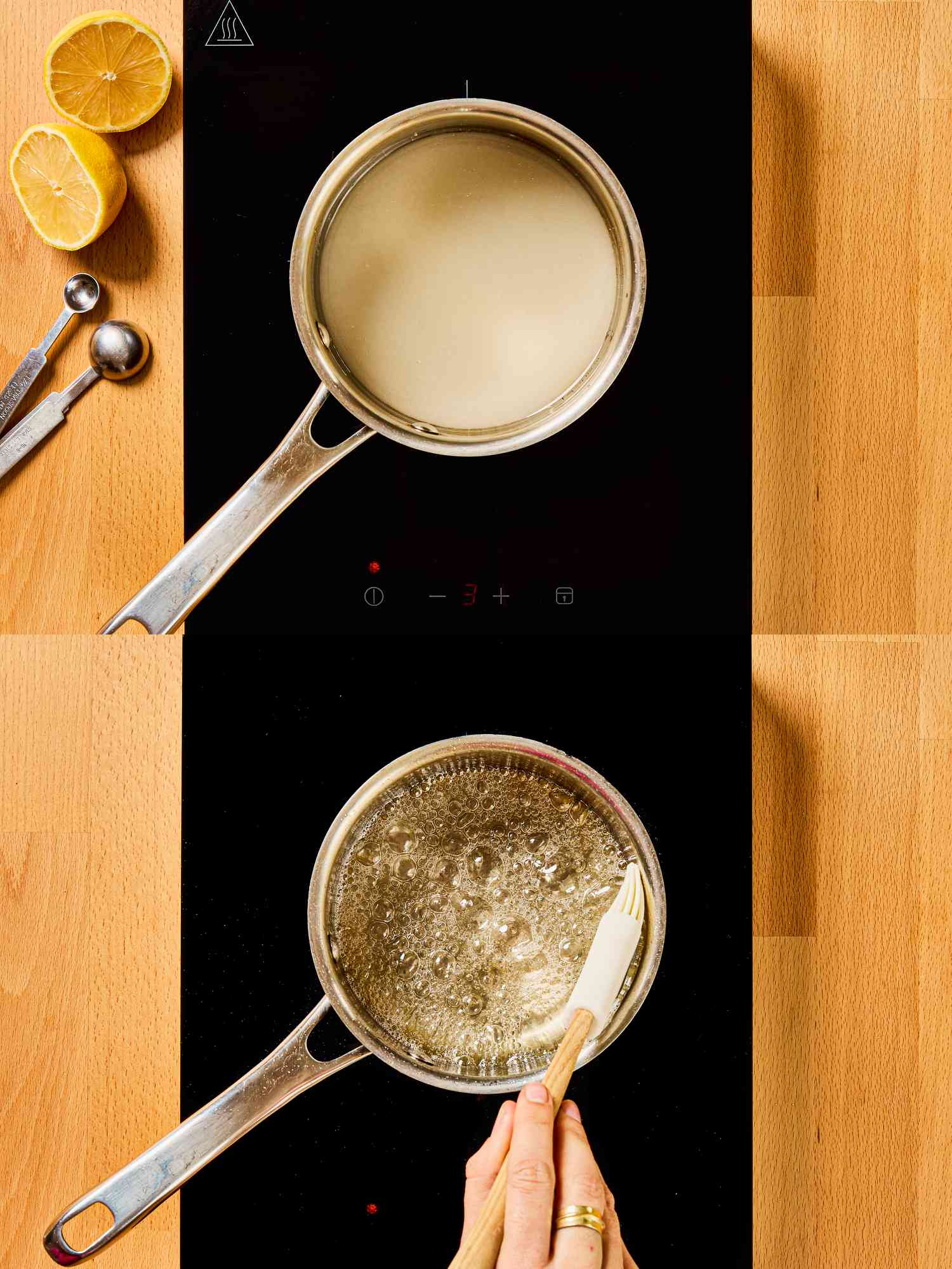2 image collage. Top: Sugar, water and lemon juice cooking in small pot, with measuring cups and halved lemon on the side. Bottom: Boiling sugar water in pot