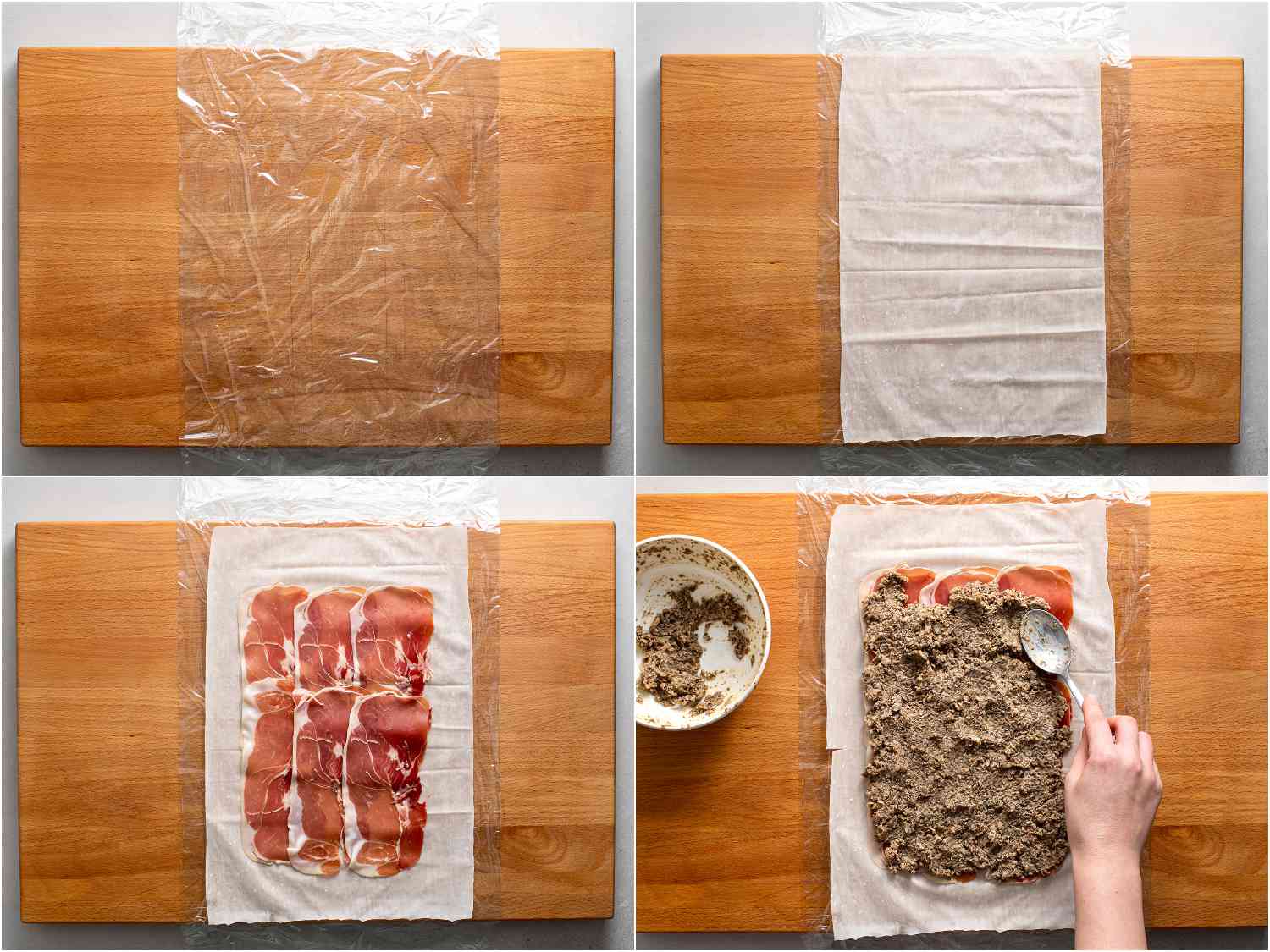 A collage showing the parchment paper being placed on plastic wrap and then shingled with slices prosciutto, which is then spread with the mushroom duxelles.