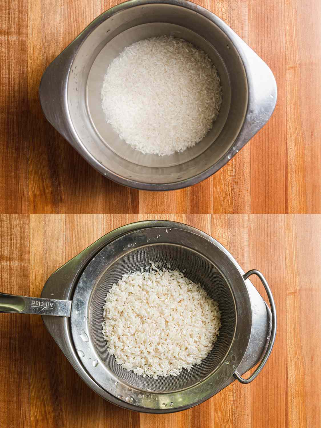 Two image collage. Top image: Rice soaking in a metal bowl. Bottom Image: Rice being strained