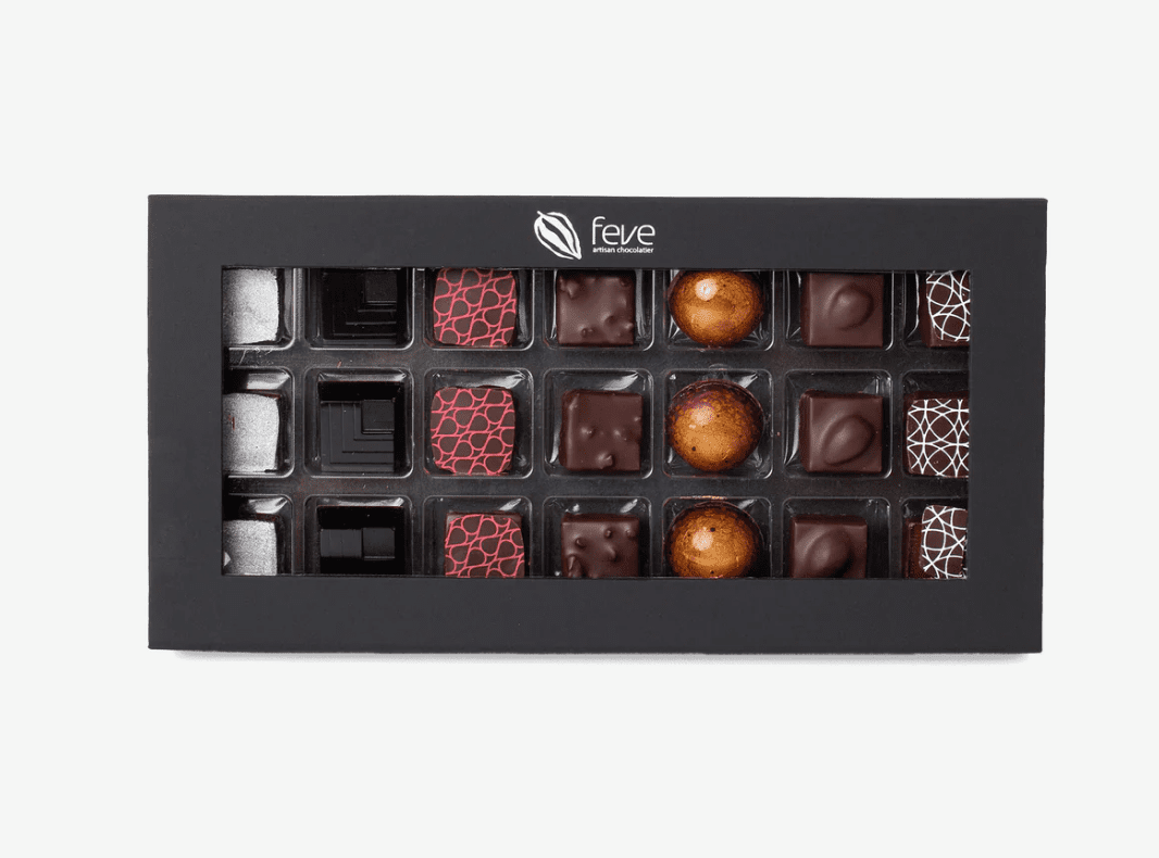 a box of feve chocolates made in collaboration with dandelion