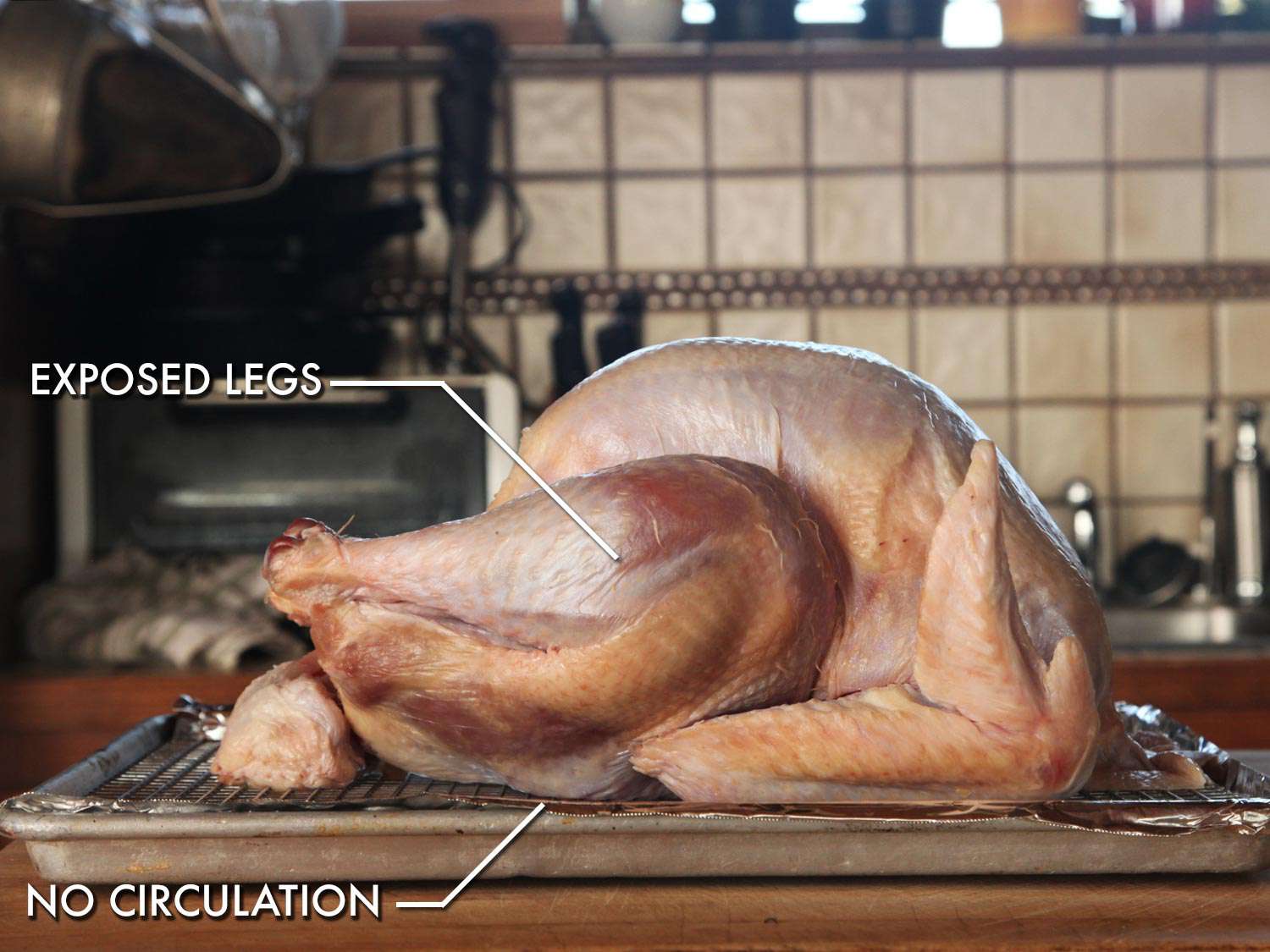 Raw turkey on a rimmed baking sheet.