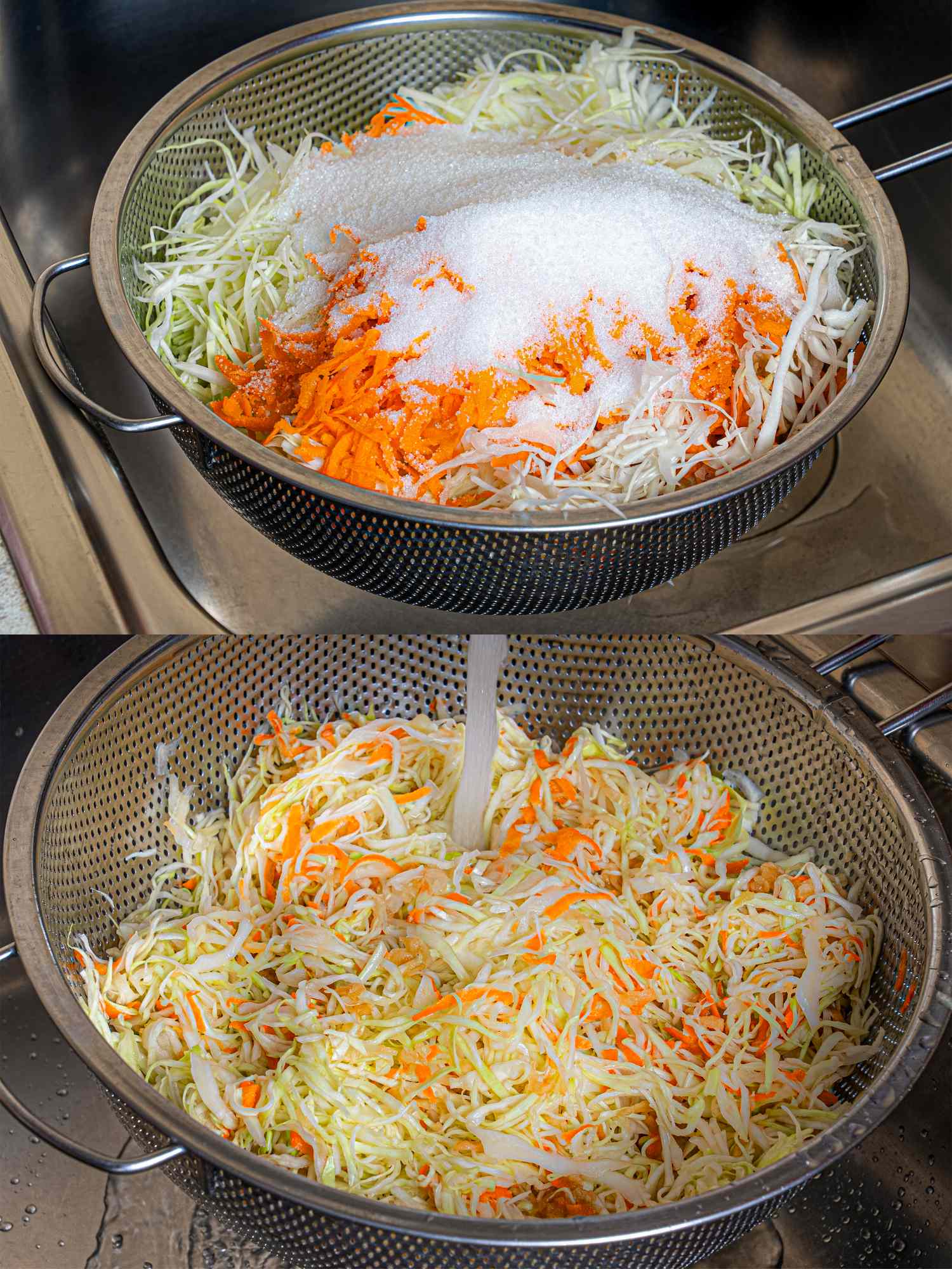 Steps in preparing coleslaw showing cabbage and carrot shredded in a colander with sugar added and then rinsed with water