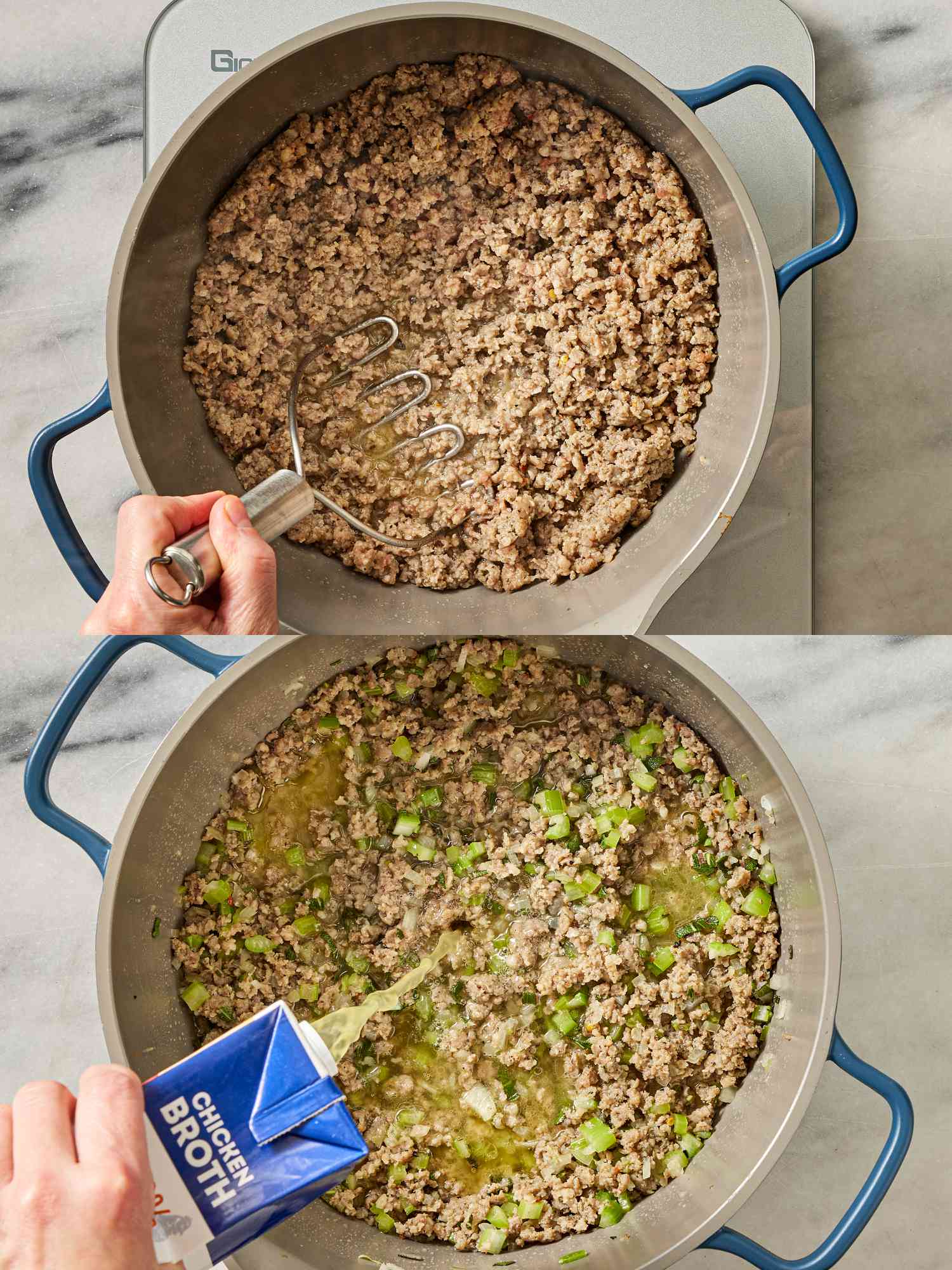 2 image collage. Top: Mashing sausage in dutch oven with potato masher. Bottom: Adding chicken stock into sausage mixture.