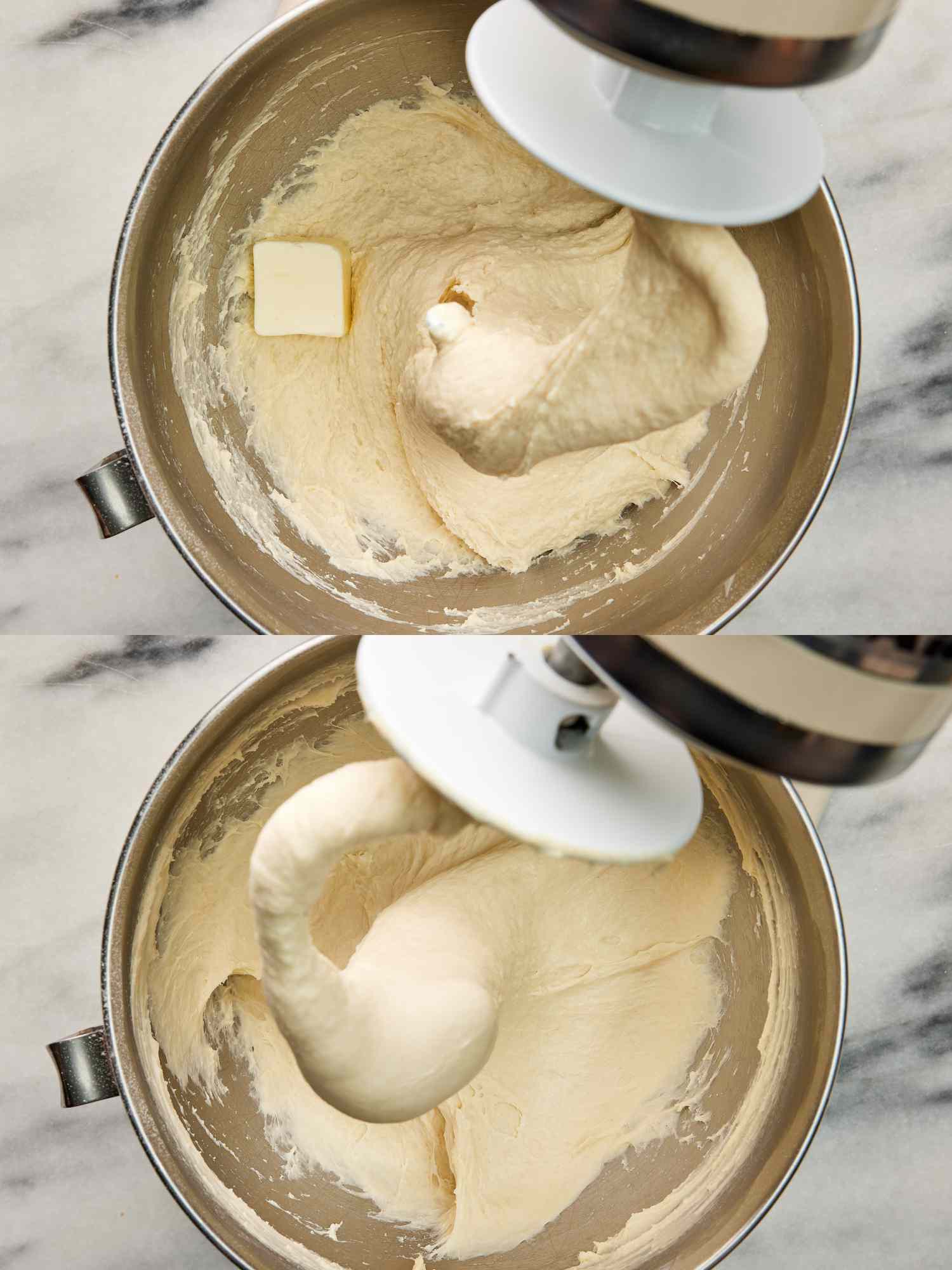 2 image collage. Top: Adding butter to dough being mixed on stand mixer fitted with dough hook. Bottom: Dough in stand mixer after being well mixed with dough hook. 