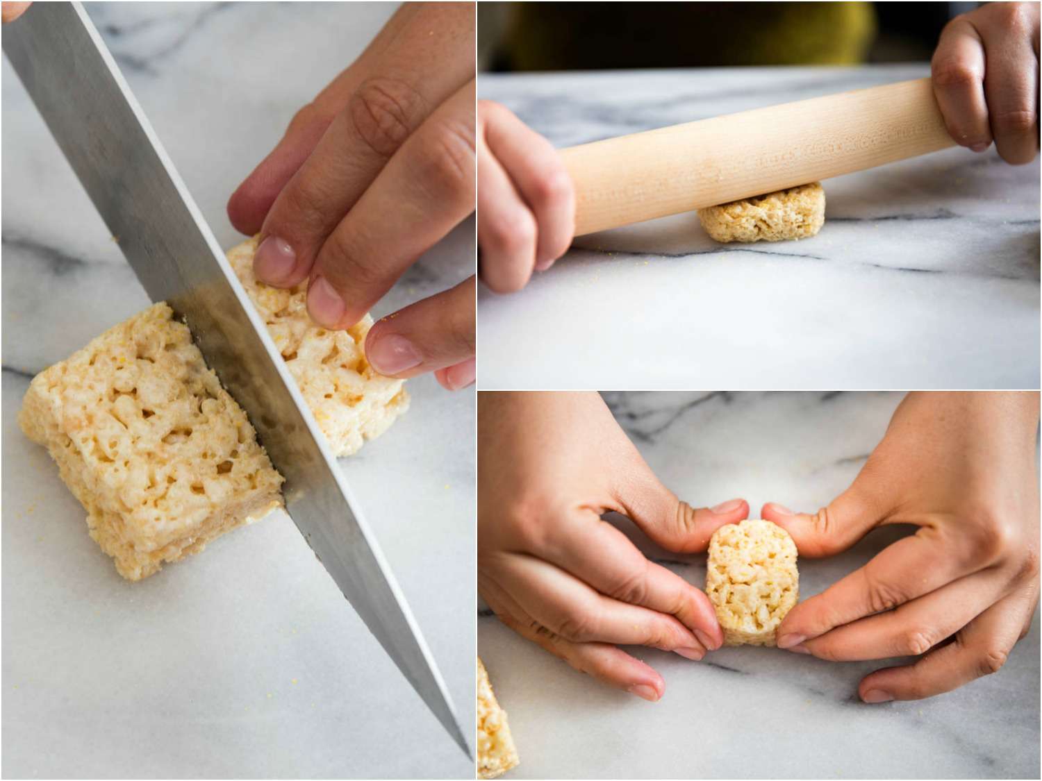 Forming a Rice Krispy treat into the round base for peep nigiri. 