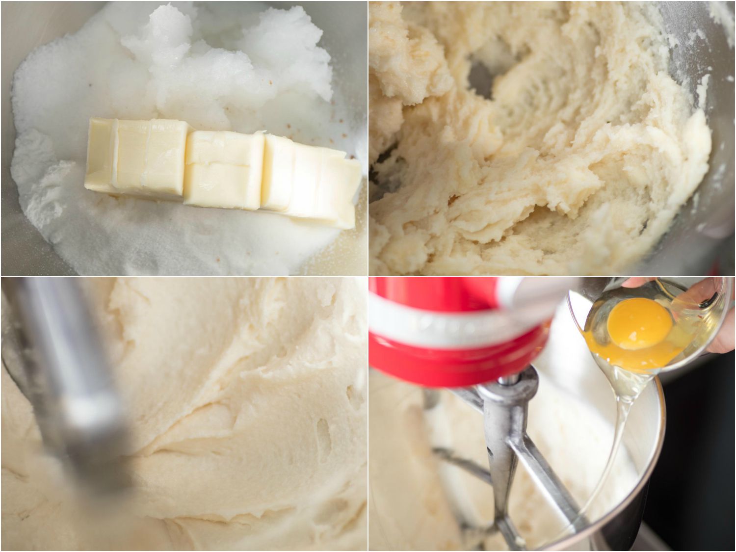 A collage of beating butter, sugar, and eggs in a stand mixer.